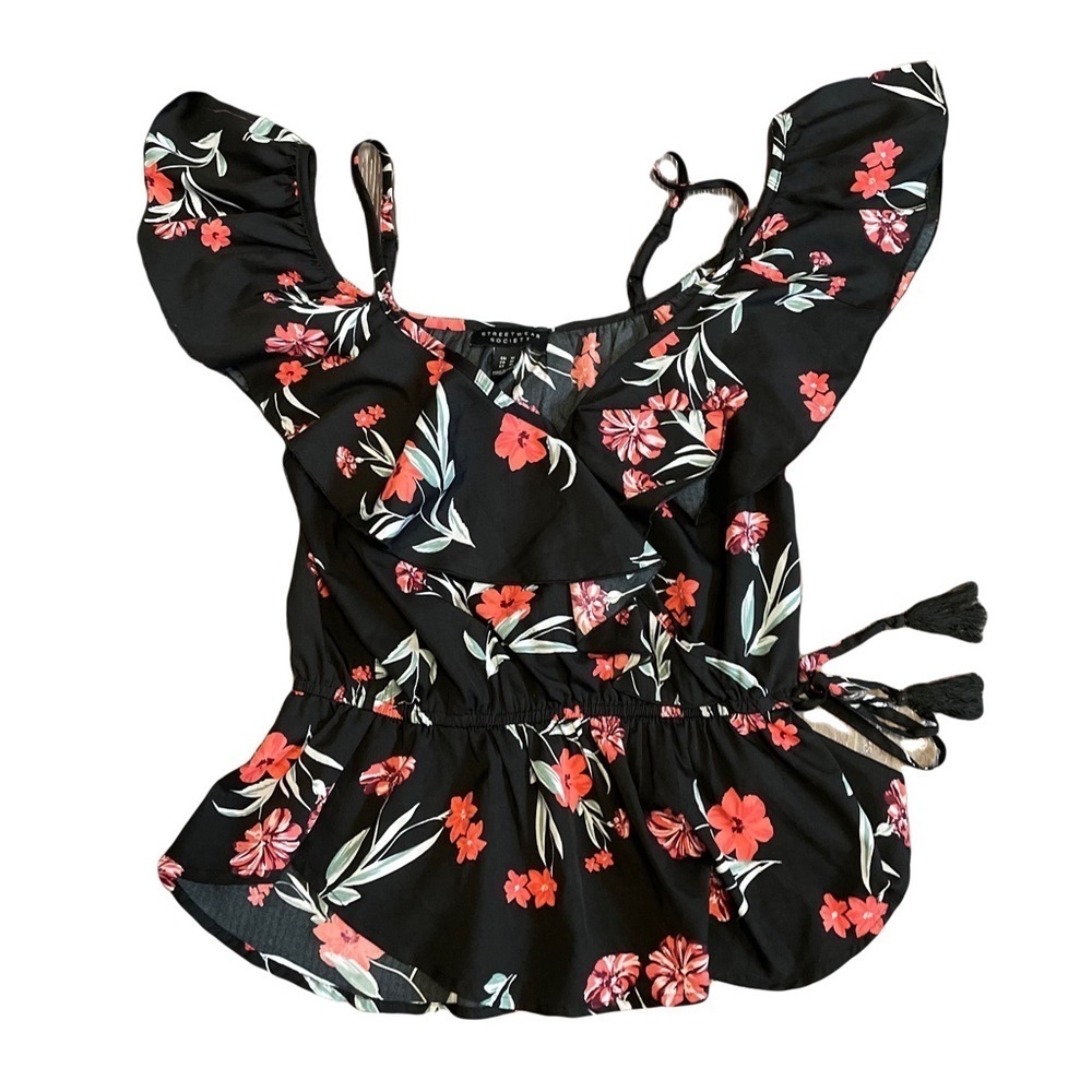 Floral V Neck Blouse Off Shoulder Sleeves Top